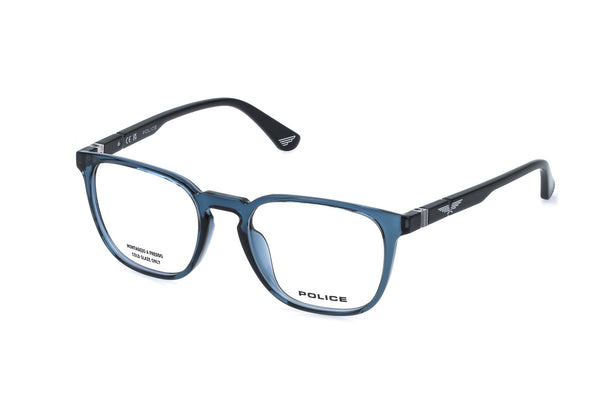 Police VPLQ67M Eyeglasses in Shiny Transparent Blue - 3/4 view